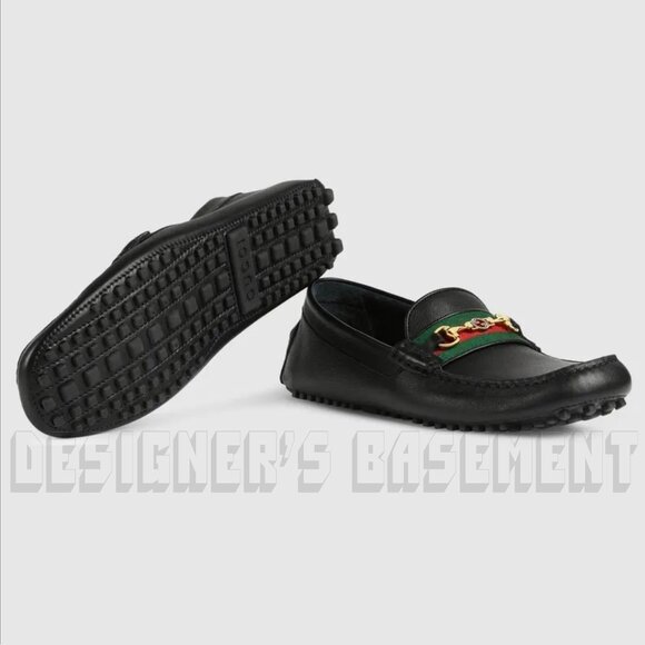 GUCCI mens 12.5 black AYRTON leather Horsebit DOUBLE G WEB Driver Moccasin shoes - Picture 8 of 12